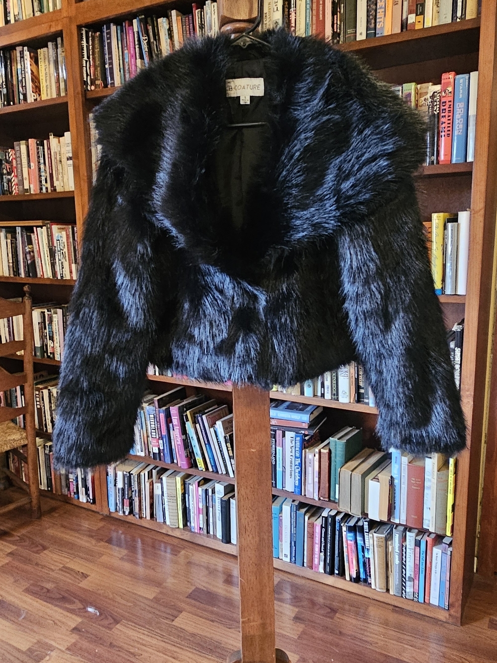 Black Faux Fur Cropped Jacket - Plush Shawl Collar